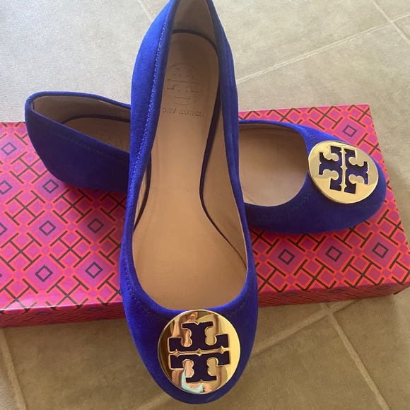 Tory Burch Shoes - Tory Burch Leather|Suede Blue Ballet Flats Gold Tone Logo Women’s Size 7